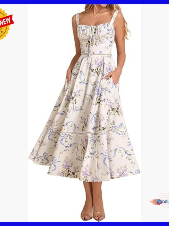 Dresses & Skirts - Floral Corset Midi Dress with Pockets Lace Up Back Cutout Summer Wedding Guest